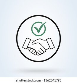 Commitment Thin Line Icon. Handshake Shield Check Mark Icon Vector. Trust Commitment Business Illustration