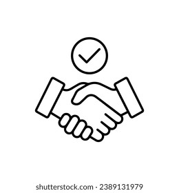 commitments made with handshake. flat thin line trend modern stroke resolution logotype graphic lineart art design isolated on white background. concept of success or greeting sign and excellent job