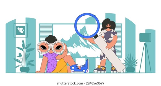 Committed to attracting the best and brightest in the industry. Attractive HR team using binoculars and magnifier.