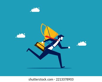 Committed to expertise. a businessman with a trophy running forward