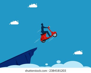 Committed to moving forward. man drives a motorcycle and jumps off a cliff