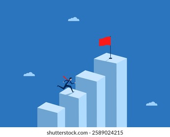 Committed to success, Businessman running up the graph to the red flag