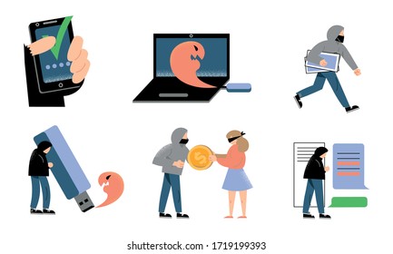 Delitos cibernéticos en tecnologías electrónicas e ilustración vectorial de pagos