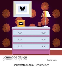 Commode design. Illustration of a commode in the room interior.