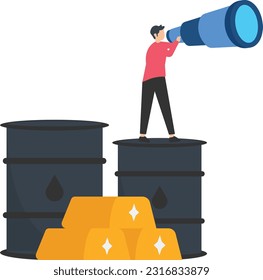 Commodities price for trading and investment, Agriculture Rice, Crude oil, Precious Gold Vision, Forecast Economy, World Economy, Businessman look Binoculars, Business Commodity Assets

