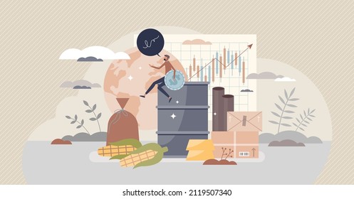 Commodities trading market as sell primary raw materials tiny person concept. Economic sector investment in goods such as gold, corn, wheat, oil barrels or gas for financial profit vector illustration - Shutterstock ID 2119507340