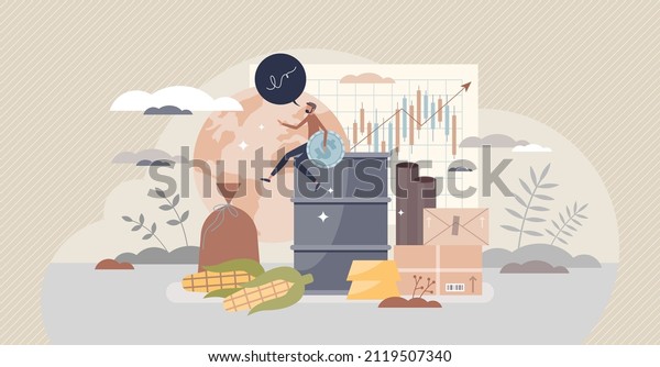Commodities trading market as sell primary
raw materials tiny person concept. Economic sector investment in
goods such as gold, corn, wheat, oil barrels or gas for financial
profit vector
illustration