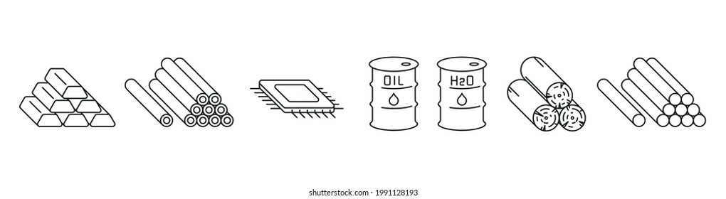 Commodities Vector Illustration Icons Set, Raw Materials Logo Of Metal, Oil, Gold, Uranium, Microchip, And Water