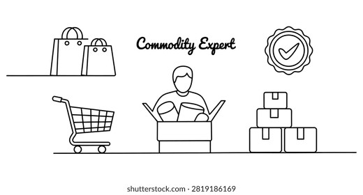 Commodity expert man with shopping bags cart and stacked cardboard boxes line art illustration Vector, illustration