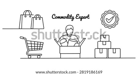 Commodity expert man with shopping bags cart and stacked cardboard boxes line art illustration Vector, illustration