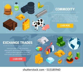 Commodity horizontal banners set with exchange trade symbols isometric isolated vector illustration 