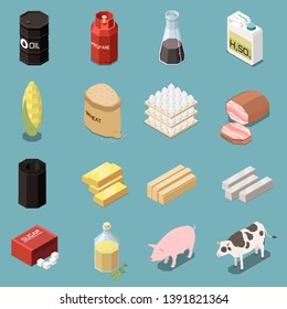 Commodity icons isometric collection of sixteen images with industrial and manufactured goods with animals and food vector illustration