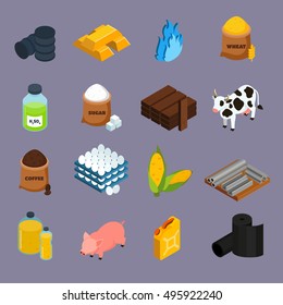 Commodity icons set with milk corn and gold symbols isometric isolated vector illustration 