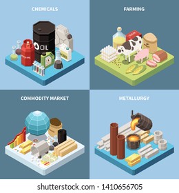 Commodity isometric 2x2 design concept with compositions of manufactured products and industrial goods images with text vector illustration