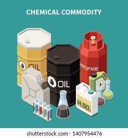 Commodity isometric composition with colourful images of oil and gas tanks canisters vials and glass tubes vector illustration