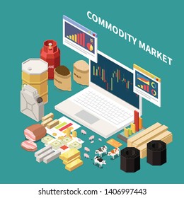 Commodity isometric composition with images of laptop with graphs and various objects related to different industries vector illustration