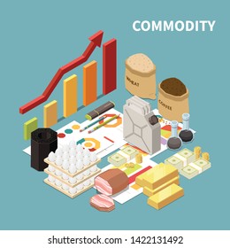 Commodity isometric composition with images of manufactured goods and infographic objects graphs and arrows with text vector illustration