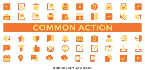 Common action icon collection set.Containing add, home ,edit,delete calendar,save icon.Simple flat vector illustration.