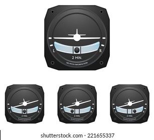 Common airplane cockpit instrument, turn coordinator, in three different turning positions. Coordinated turn, slip and skid. 