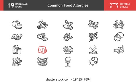 Common allergen food icons, lupins, peanuts, crustaceans, gluten, etc. Collection of 19 handmade icons with editable stroke, ready to be used in any design project.