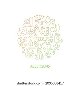 Common allergens abstract gradient linear concept layout with headline. Allergy reaction reasons minimalistic idea. Thin line graphic drawings. Isolated vector contour icons for background