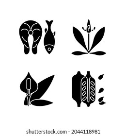 Common allergens black glyph icons set on white space. Fish as cause for allergy. English plantain. Peace lily. Sesame seeds. Allergic reaction. Silhouette symbols. Vector isolated illustration