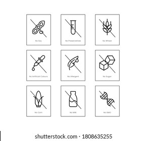 Common Allergens vector icons outline - No Soy , Wheat , Corn, Milk, GMO, Sugar, Allergens or Artificial Colours. Symbols set collection - Black icon with square frame