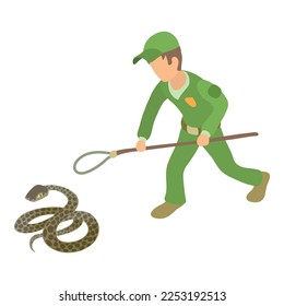 Common anaconda icon isometric vector. Man in green uniform near big anaconda. Reptile capture, herpetology