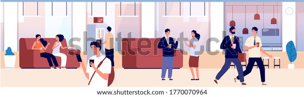 Common area. Waiting room, hall of\
office or shopping center. People drink coffee tea and talk. Place\
for communication, hostel hotel lounge vector\
illustration