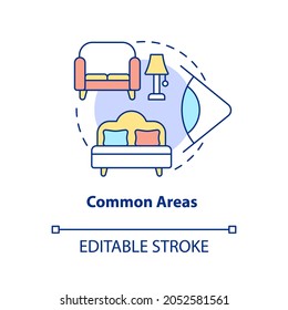 Common Areas Concept Icon. Home Security System Abstract Idea Thin Line Illustration. Install Camera In Living Room And Bedroom. Vector Isolated Outline Color Drawing. Editable Stroke