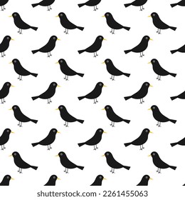Common blackbird birds seamless pattern on white background. Vector illustration.