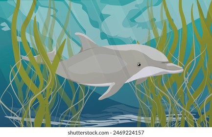 Common bottlenose dolphin swim in warm sea water with green algae. Realistic vector underwater landscape