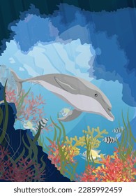 Common bottlenose dolphin swims into the spawning cave with green algae, corals, tropical fish and other sea creatures. Realistic vector vertical underwater landscape