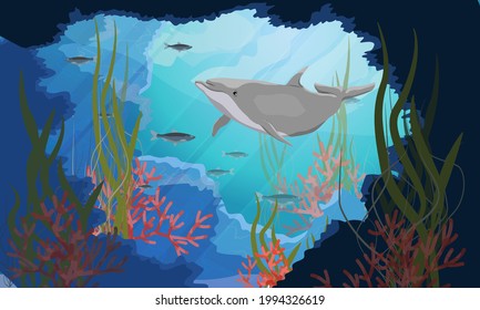 Common bottlenose dolphin Tursiops truncatus swims into an underwater cave. Tropical sea with corals, algae and fish. Realistic vector underwater landscape