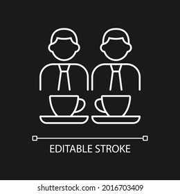 Common breaks white linear icon for dark theme. Coworking during coffee break. Lunch conversation. Thin line customizable illustration. Isolated vector contour symbol for night mode. Editable stroke
