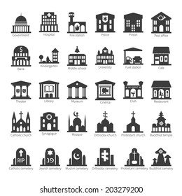 Common Buildings And Places Like Government Police Hospital Church Cafe Bank Restaurant Theater Cinema Fuel Station Night Club Temple Sinagogue Cemetery Vector Icon Set