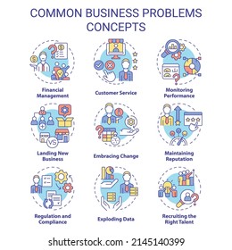 Common business problems concept icons set. Monitor performance idea thin line color illustrations. Financial management. Isolated symbols. Editable stroke. Roboto-Medium, Myriad Pro-Bold fonts used