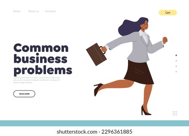 Common business problems concept for landing page with businesswoman overcoming difficulties