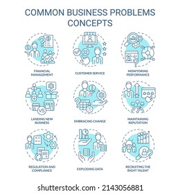 Common business problems turquoise concept icons set. Monitor performance idea thin line color illustrations. Isolated symbols. Editable stroke. Roboto-Medium, Myriad Pro-Bold fonts used