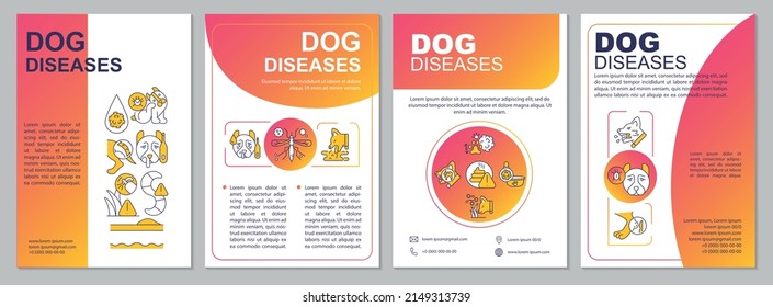Plantilla de folleto de degradado rojo de enfermedades caninas comunes. Condiciones de los perros. Diseño del prospecto con iconos lineales. 4 diseños vectoriales para presentación, informes anuales. Fuentes ariales, infinitas Pro-regulares usadas