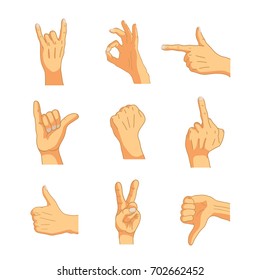 Common cartoon hand gestures, signs on white