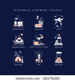 Common causes of insomnia vector illustrations set: electronic devices, heavy meals, jet lag, sedentary lifestyle, alcohol, smoking, coffee, medications, sleep apnea, stress, depression, upset events