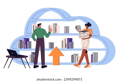 Common cloud storage. Workers using corporate digital disc, virtual server, online library. Data, information on internet hosting service. IOT technology. Flat isolated vector illustration on white