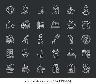 Common cold chalk icons set. Influenza virus treatment. Flu, grippe symptoms. Healthcare. Disease cure, illness aid. Cough, sore throat. Vaccination. Headache. Isolated vector chalkboard illustrations