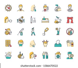 Common cold color icons set. Influenza virus treatment. Flu, grippe symptoms. Healthcare, medicine. Disease cure, illness aid. Cough, sore throat. Vaccination. Headache. Isolated vector illustrations