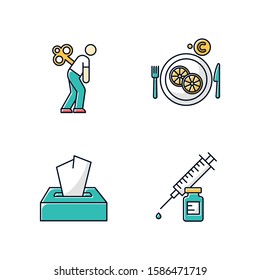 Common cold color icons set. Fatigue and exhaustion. Vitamin C in lemon slices. Disposable wipes. Pack of tissues. Vaccination and immunization. Healthcare. Pharmacy. Isolated vector illustrations