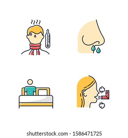 Common cold color icons set. Fever and high temperature. Drip nose. Nasal sickness. Bed rest and relaxation. Inhalation. Healthcare and medicine. Influenza virus. Isolated vector illustrations