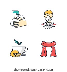 Common cold color icons set. Rinse and wash hands. Hygiene. Man coughing. Lemon tea. Neck red scarf. Healthcare. Flu prevention. Influenza virus cure. Antioxidant drink. Isolated vector illustrations