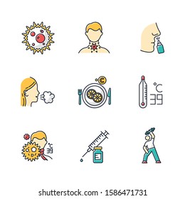 Common cold color icons set. Virus infection. Microbe. Sore throat. Drip nose. Girl cough. Vitamin C. High temperature. Fever symptoms. Syringe with vaccine. Exercise. Isolated vector illustrations