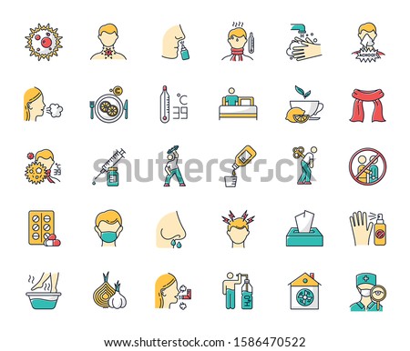 Common cold color icons set. Influenza virus treatment. Flu, grippe symptoms. Healthcare, medicine. Disease cure, illness aid. Cough, sore throat. Vaccination. Headache. Isolated vector illustrations
